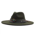 Chapeau fedora en laine verte avec bande ethnique, perles colorées et large bord. - Chapeau Jazz Rétro (m9-46) / Vert Militaire