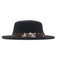 Sombrero de jazz plano negro con cinta de leopardo y decoración floral de perlas. - Negro / M (56-58cm)