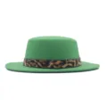 Chapeau Fedora Plat en Laine Femme Automne Hiver Vert Chapeau Jazz avec Ceinture Leo - M (56-58cm) / Vert Herbe
