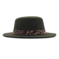 Chapeau fedora en feutre de laine vert pour femme avec ceinture léopard et clou. - M (56-58cm) / Vert Militaire