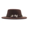 Sombrero fedora plano marrón con banda de leopardo y perlas para otoño e invierno. - Café / M (56-58cm)