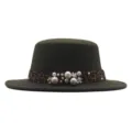 Sombrero fedora plano verde oscuro con cinta de leopardo, decoración de perlas y flores. - Verde Militar / M (56-58cm)