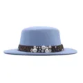 Sombrero fedora de lana azul claro con cinta de leopardo y detalles de perlas y flores. - Azul cielo / M (56-58cm)