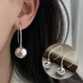 Silver long ball hook earrings geometric minimalist drop ear studs for women fashion - Long Ball Earrings (ED952) / 1 Pair