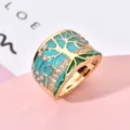 Vintage breiter Emaille Baum Ring mit türkis grünen Details, vergoldeter eleganter Schmuck. - Größe 6 / Gold