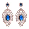 Lussuosi orecchini pendenti con zirconi ovali blu e foglie in oro rosa per feste. - Blu scuro