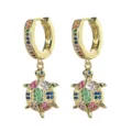 Gold-plated hoop earrings featuring colorful rhinestone turtle pendants, trendy jewelry. - Gold