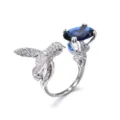 Silberner Kolibri Ring mit blauem Stein, offener Zirkonia Schmuck für elegante Frauen Damen. - Offen Einstellbar / Saphirblau