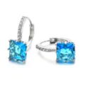 Silver square blue zircon hoop earrings detail shot, elegant crystal jewelry for women party. - Aqua