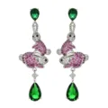 Elegante Hasen Ohrringe mit grünen Tropfen Zirkonia und glitzernden rosa Steinen für Damen. - Grün