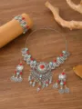 Retro ethnischer Stil Legierung Türkis Quaste Halskette Ohrringe Armband Schmuck Set. - Altsilber Bunt