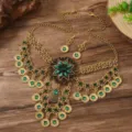 Retro bohemien mehrschichtig grün kristall münze halskette ohrringe schmuck set für damen mode. - Antikgold Grün