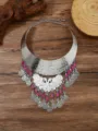 Retro multi-layer peacock rhinestone tassel necklace, exaggerated ethnic style collar jewelry. - Silver & Rose Red
