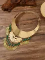 Retro ethnic peacock rhinestone tassel statement necklace, vintage gold tone collar detail. - Gold & Green