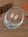 Retro pauw choker ketting en holle blad oorbellen set voor vrouwen mode sieraden accessoires. - Antiek Zilver