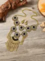 Vintage bohemian gold-tone flower black stone necklace and tassel earrings jewelry set. - Antique Gold