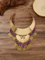 Vintage ethnic gold statement necklace with peacock motif, purple crystal drops and coin fringe. - Gold+Purple