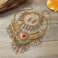 Vintage Bohemian ethnic gold necklace set with turquoise and red stones for women statement. - Antique Gold Multi-colored