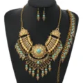 Vintage ethnic style gold-plated turquoise necklace earrings set for fashion jewelry. - Antique Gold Blue