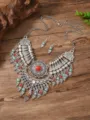 Bohemian retro silver-toned statement necklace and earrings set with vibrant turquoise and red stones. - Antique Silver Multicolor