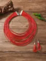 Mehrlagige rote Wachskordel Halskette und Quasten Ohrringe Set handgemachte Schmuck Details. - Rot