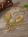 Bohemian vintage gold tone statement necklace and earrings set with turquoise beads. - Antique Gold Blue