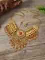 Vintage statement necklace and earrings set with red stones, boho bohemian style jewelry. - Antique Gold Red