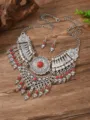 Vintage ethnic style silver metal red stone statement necklace and earrings jewelry set details. - Antique Silver Red