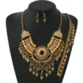 Vintage ethnic gold-tone necklace earrings bracelet 3-piece jewelry set for women party. - Antique Gold Black