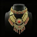 Vintage ethnische goldene Choker Halskette Set mit roten Steinen Damen Mode Statement Schmuck - Antik Gold Rot