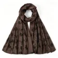 Brown imitation silk long scarf with black floral leaf print, elegant women daily fashion shawl - Brown