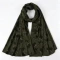 Dark green floral print long scarf for women, elegant vintage style imitation silk shawl hijab. - Dark Green