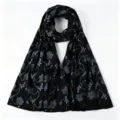 Black Floral Long Scarf Lightweight Silk-feel Hijab Women Headwrap Botanical Print Shawl - Black