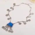 Vintage silver coin tassel necklace with blue geometric stone pendant for women fashion. - Antique Silver & Blue