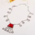 Vintage retro coin necklace with red gemstone pendant for women fashion jewelry style. - Antique Silver & Red