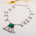 Vintage silver tone coin pendant statement necklace with green trapezoid gem drop for women. - Antique Silver + Green