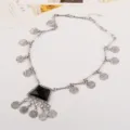 Vintage silver coin tassel necklace with black gem pendant for women retro bohemian style - Antique Silver + Black