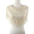 Châle triangulaire en dentelle beige avec broderie florale délicate et belles franges. - Beige Clair