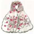 Close-up of a sheer nylon scarf with delicate embroidered green vines and pink flowers. - 170*55cm / 16 Beige