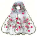 Delicate sheer scarf detail featuring intricate pink floral embroidery and gold vine trim. - 170*55cm / Light Gray