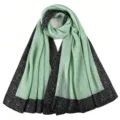 Pleated long scarf with black dotted border and mint green fabric details close-up view. - 12 Green