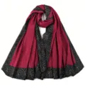 Pleated long scarf detail showing red fabric with black dotted pattern border, elegant texture. - Wine Red
