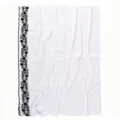 White chiffon scarf variant, elegant black floral embroidered edge, lightweight summer shawl. - 02 Bleached White