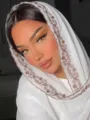 Elegant white chiffon scarf with delicate brown floral embroidery, lightweight and breathable shawl. - 05 Cream White