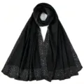 Black pleated hijab scarf with white dot edge, soft breathable women long head cover accessory. - Black 05