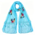 Light blue sheer women scarf with delicate floral embroidery and elegant lace trim details. - 10 Blue