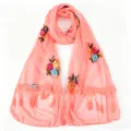 Women's pink floral embroidered chiffon scarf with lace fringe, elegant spring summer shawl. - Peach Pink