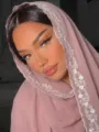 Elegant mauve chiffon hijab with white floral lace embroidery, lightweight and breathable. - 07 Nude Pink