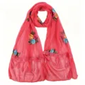 Details of women red floral embroidered chiffon scarf with lace trim elegant spring neck wrap - Watermelon Red