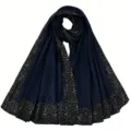 Pleated Long Scarf Navy Blue with Black Polka Dot Border Soft Breathable Women Head Wrap - Navy Blue